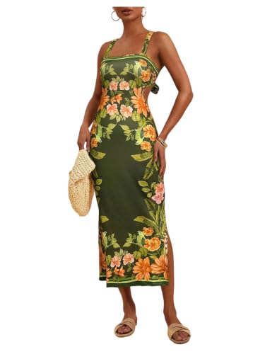 Image of Floerns Women's Tropical Bow Tie Back Long Dress Sleeveless Maxi Dress | Hawaiian Resort Wear, Coastal Vacation, Beach Wedding Guest, Side Slit, Spring Break Outfits