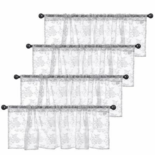 Emvency 4 Pack Valances for Windows White Lace Romantic Elegant Light Filtering Semi Sheer Floral Drapes Curtain for Bedroom Living Room Kitchen Over Sink 52x18 Inch Rod Pocket Valances