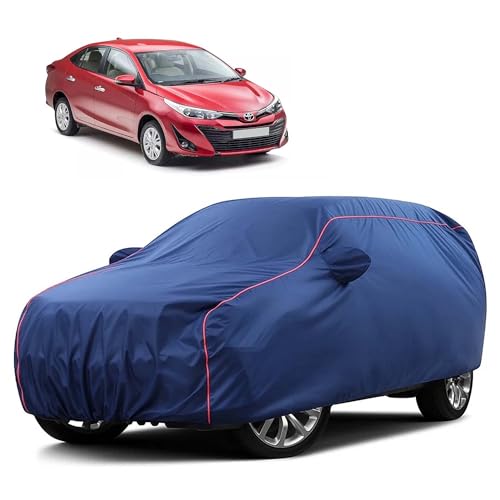 Image of Sulfar 100% Water Resistant Car Body Cover Compatible with Mirror for Toyota Yaris (Triple Stitched, Full Bottom Elastic, Blue Taffeta with Red Piping)