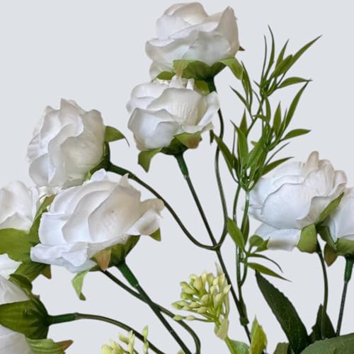 Image of Garden Art Artificial Small Rose Flower Bunch (Pack of 1) | 5 Heads with 15 Flowers & Buds, 35 cm Faux Rose Bouquet for Home Decor, Wedding & Table Decoration (White)