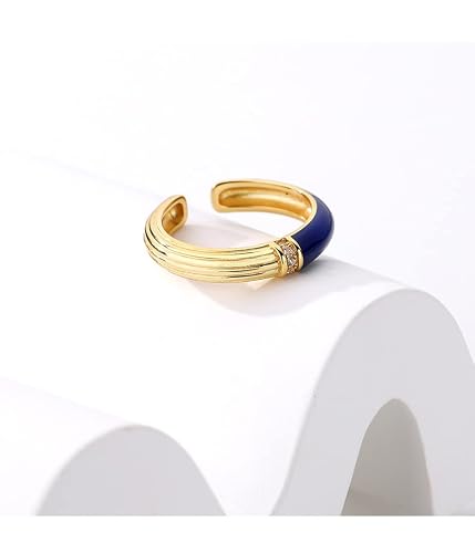 Unilogue Sterling Silver Zircon Band Ring Reclaimed Vintage Royalblue Enamel Stacking Ring Adjustable Open Ring Ins Minimalist Unique Ring (Striped Klein Blue) #TOP3