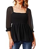 Holipick Chiffon Smocked Top for Women Babydoll Shirt 3/4 Puff Sleeve Blouses Peplum Casual Flare Top Summer Spring Black
