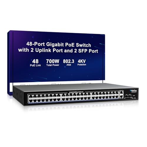48 Port Gigabit PoE Switch with 2x1000Mbps Uplink 2x1000Mbps SFP GiGaPlus 48 Port IEEE802.3af/at PoE @700W Support VLAN Metal Housing Desktop or Wall-Mount Plug & Play