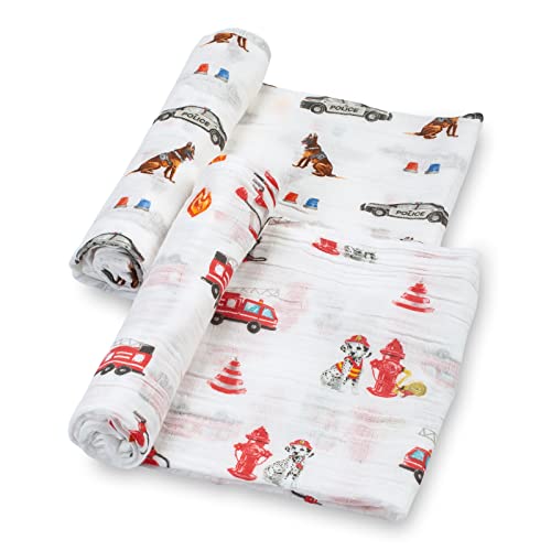 Image of LollyBanks 2 Pack Muslin Swaddle Blanket, 100% Muslin Cotton Swaddle Blankets for Baby Boys, 47 X 47 Inches Soft Baby Boy Receiving Blankets, Newborn Essential, Registry (Police and Fire Dog Print)