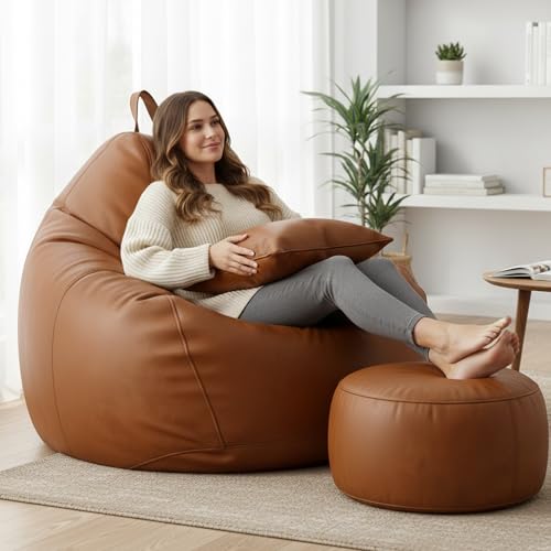 Image of 4XL Bean Bag Chair with Footrest & Cushion | Pre-Filled Beans | PVC Leatherette Lounger Sofa | Indoor & Outdoor Bean Bag with Pocket & Handle | Double Stitching | 6 Months Warranty Color- (Tan)