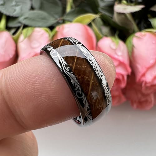 8mm Black Tungsten Rings for Men Women Whiskey Barrel Wood Inlay Vintage Baroque Frame Leaf Engagement Wedding Promise Band Domed Polished Shiny Comfort Fit4