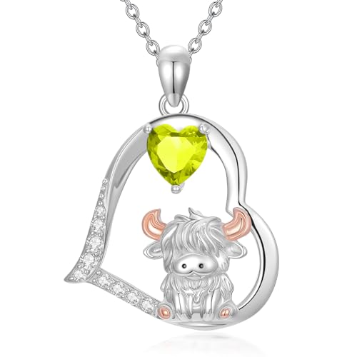 Seiyang Highland Cow Necklace 925 Sterling Silver Scottish Highland Cow Pendant Necklace with 12 Months Birthstone Birthday Jewelry Gifts for Women