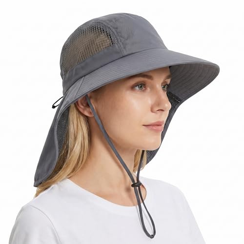 UV Sun Protection Hat Women Foldable Neck Flap Wide Brim Hiking Hat with Ponytail Hole for Women Dark-Gray