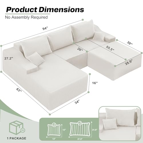 Image of HABUTWAY 94 inch U Shaped Modular Sectional Couch for Living Room, Modular Cloud Sofa with Ottoman, No Assembly Boneless Couches with Deep Seat, Corduroy Fabric (Beige, Left Facing)