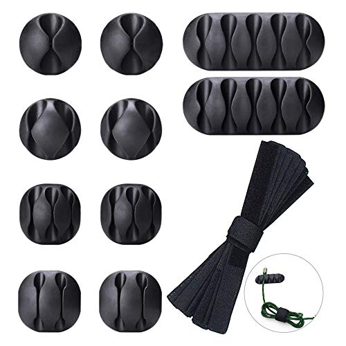 10PCs Multipurpose Cable Clips, Black Silicone Cord Management Organizer, Self-Adhesive Desk Cord Holder with 10pcs Self Adhesive Cable Ties Straps for Home, Office, Car