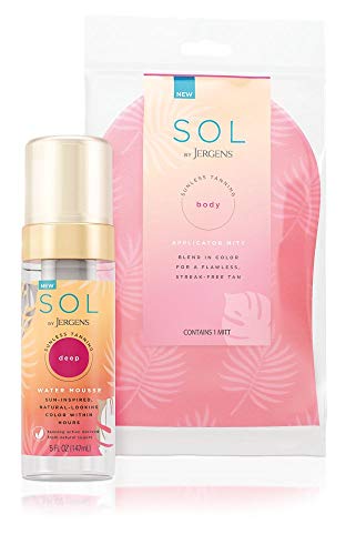 SOL by Jergens Deep Water Mousse, 5 Ounce, Water-based Self Tanner with Self Tanner Applicator Mitt, Flawless, Streak-free Tanning Blender Glove, Sunless Tanning
