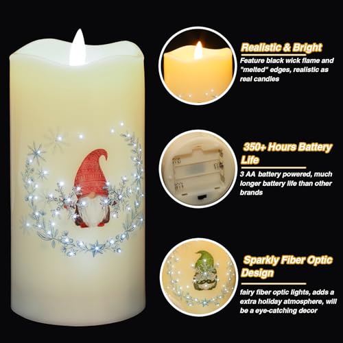 Image of Eywamage Gnomes Christmas Fiber Optic Flameless Candles with Remote, Snowflakes Flickering LED Battery Pillar Candles Set of 3
