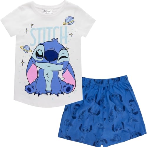 Disney Stitch Mädchen Pyjama Kurzarm Schlafanzug kurzer Pyjama Schlafi Lilo und Stitch Baumwolle bequem Sommer Nachtwäsche Gr. 116-152 (DE/NL/SE/PL Numerisch 140 Regular Weiss-Blau)