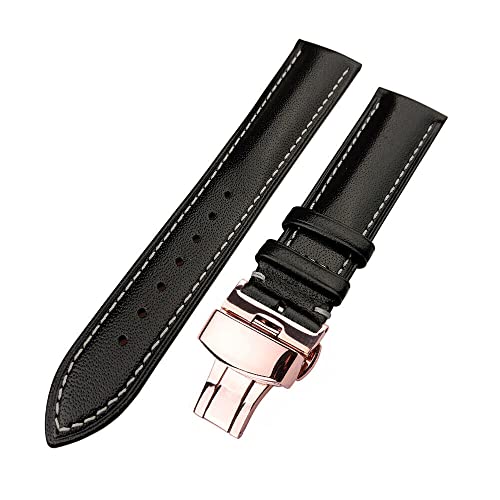 Image of 18mm 19mm 20mm 21mm 22mm 23mm 24mm Genuine Leather Butterfly Deployment Clasp Buckle Watch Band Strap Black Dark Brown TAN Blue Rose Black Gold White