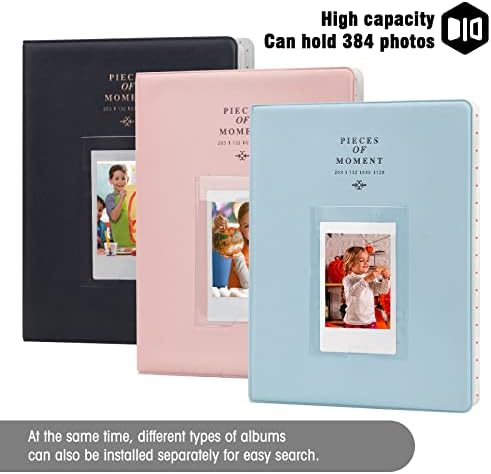 128 Pockets Mini Photo Album (3 Pieces) for Fujifilm Instax Mini 70 7s 8 8+ 9 11 25 50s 90, Polaroid Z2300, Polaroid PIC-300P Film Instant Camera & Name Card (Blue,Black.Pink)