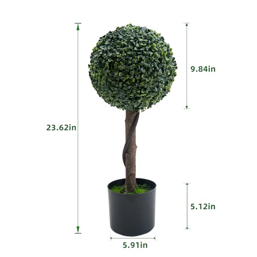Artificial Topiary Ball Trees 24 Inch, Fake Greenery Milan Grass Ball Tree for Front Porch, Indoor Walkway, Entryway, Set of 2