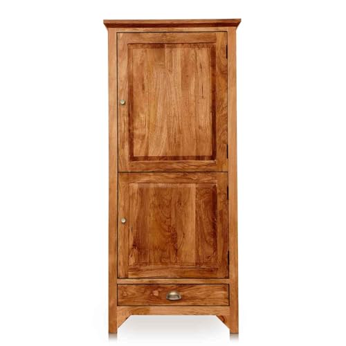 Image of APRODZ Mango Wood Wardrobe for Bedroom 1-Door Unique Front Almirah for Storage /Space Saving 1-Drawer Storage Organizer Rack Clothes Cupboard for Bedroom (Natural)