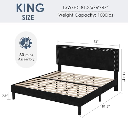 Image of VECELO King Bed Frame with Rivet-Tufted Headboard & Footboard, Upholstered Platform Bed with Wood Slats Support, No Box Spring Needed, Noise-Free, Easy Assembly, Black