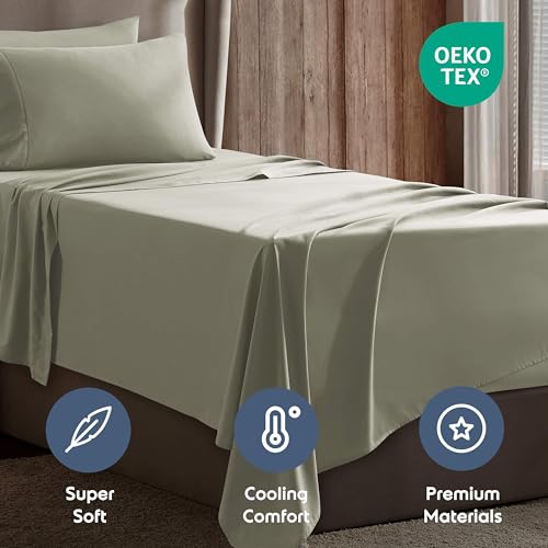 Image of Nestl Twin XL Bed Sheet Set - Light Green - 3-Piece Deep Pocket | Instantly Soft, Night-One Ready (No Wash Required). Fits 16-Inch Deep Pockets, 360-Degree Elastic Grip