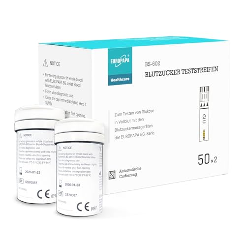 EUROPAPA® Strisce Reattive Per Glicemia 100 PZ. Per Il Controllo Del Valore Della Glicemia, Strisce Reattive Per Diabetici, Strisce Reattive Applicabili Glucometro Serie EUROPAPA BG