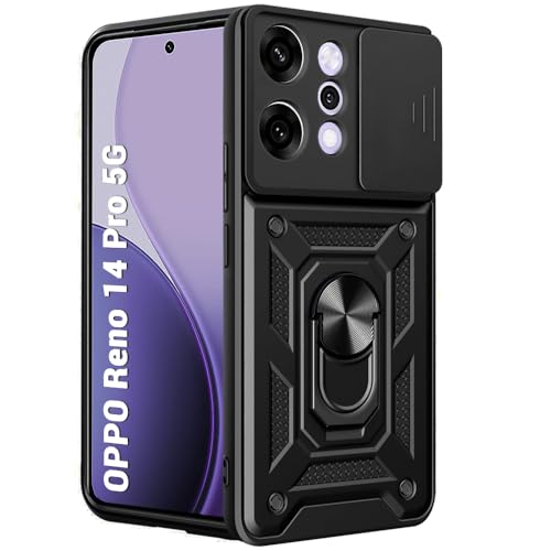 Image of TheGiftKart Tough Armor Bumper Back Cover Case for Oppo Reno 14 Pro 5G | Sliding Camera Cover, Kickstand & Ring Holder | 360 Degree Protection Back Cover Case for Oppo Reno14 Pro 5G (PC & TPU, Black)