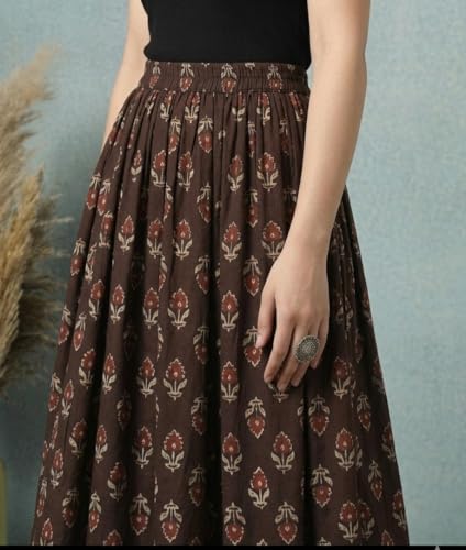 Image of Women's Floral Print Maxi Skirt, Maroon Red, 100% Pure Cotton, Elastic Waist, Full Length, Breathable Fabric