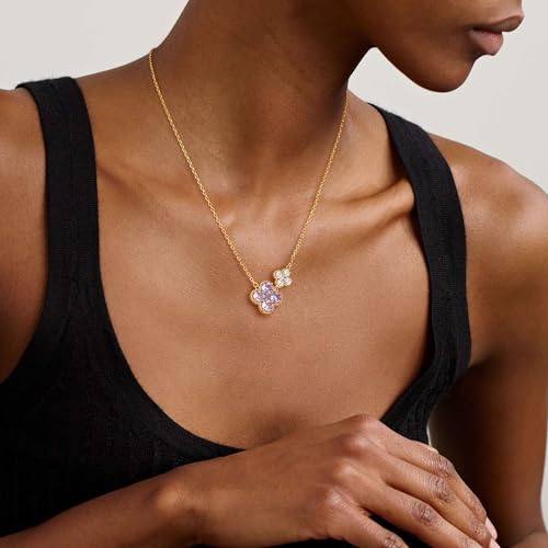 Gold Necklace for Women Birthstone Necklace for Women 14K Gold Plated Dainty Four Leaf Clover Cubic Zirconia Pendant Flower Necklace Gold Jewelry Gift for Women - Image 5