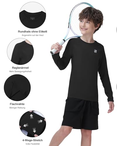 Runhit Sportshirt Funktionsshirt Kinder Langarm, Kompressionsshirts für Jungen Unterziehshirt Base Layer Schnell Trocknend Top für Fussball Laufen Training Outdoor Sport, Schwarz 9-10 Jahre