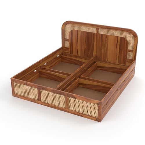 Image of Sheesham Wood Cane Bed with Drawer Storage for Bedroom | Queen Size Wooden Double Bed Palang with Curved Rattan Headboard & Footboard (Honey Finish)