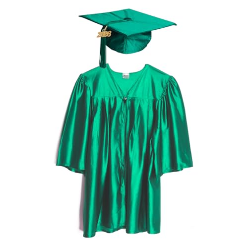 Happy Graduates Medium Kelly Green Shiny Child Graduation Cap, Gown, Tassel and 2026 Charm Set, Kindergarten Graduation Cap And Gown Set, For Kids And Preschool