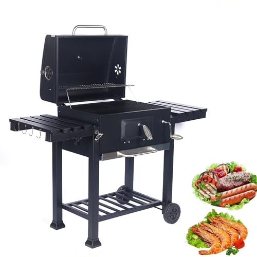 Parrilla portátil de carbón con bandeja de altura ajustable, mesas laterales plegables y ruedas para cocinar fácilmente al aire libre, acampar y picnics