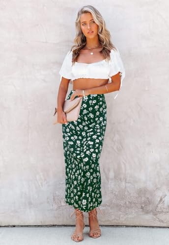 Image of HERBATOMIA Women's Floral Print Midi Skirt Casual High Elastic Waist Zipper Vintage Long Boho Skirts for Women