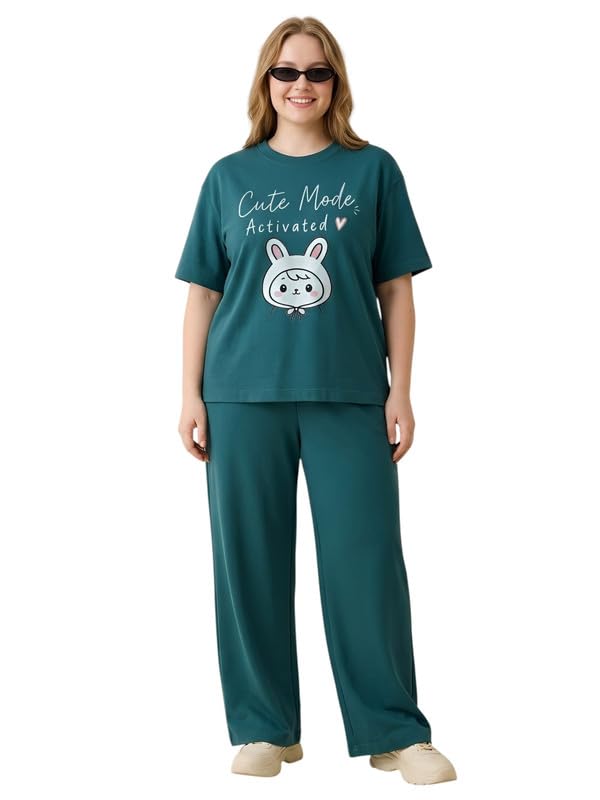 Image of My Swag Womens Nightsuit Set | Cute Bunny Graphic Print T-Shirt & Pajama | Soft Breathable Sleepwear and Loungewear Co-Ord Set for Women