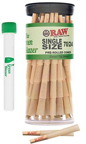 RAW Cones Single Size Dogwalker: 50 Pack - Mini Pre Rolled Cones Shorter Than 1 1/4 Size (70/24) Classic Rolling Papers with Filter Tips Includes Green Blazer Doob Tube