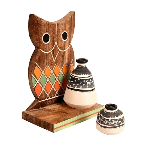 Image of AAKRITI ART CREATIONS Owl Wall Decor Shelf with 2 Pots Handcrafted in Wood | Warli Art Wooden Hanging Shelf with Vases | Matte Finish Decorative Wall Art for Living Room, Entryway & Gifting