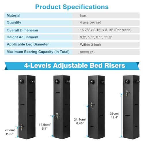 IRONWALLS 4-Pack Metal Bed Riser for Dorm Room, 3.15” Diameter Square Bed Frame Risers Adjustable Furniture Risers Lift to 11”, 8”, 5”, 3” Height, College Dorm Bed Lifting Kit Hold Up to 9000LBS by IRONWALLS - Used condition - Image 2