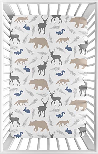 Image of Sweet Jojo Designs Grey and Blue Baby Boy Fitted Mini Portable Crib Sheet for Woodland Animals Collection - for Mini Crib or Pack and Play ONLY