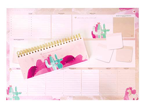 Rosa Tischkalender ohne Datum Alpaka & Kaktus. Hochwertiger, moderner Wochenkalender, Querkalender für 52 Wochen +1. 1 Woche 2 Seiten. Verwendbar als Kalender 2025/2026