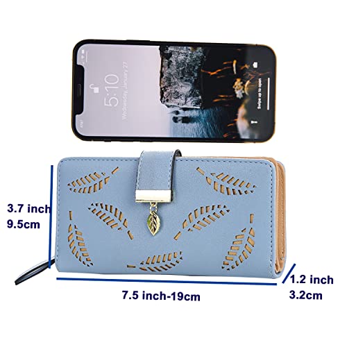 Oirtmiu Women Wallet Long Pu Leather Large Capacity Multi Card Case Leaf Wallet Phone Passport Checkbook Wallet For Women With Zipper Pocket Coin Purse (Leaf Blue) #TOP1