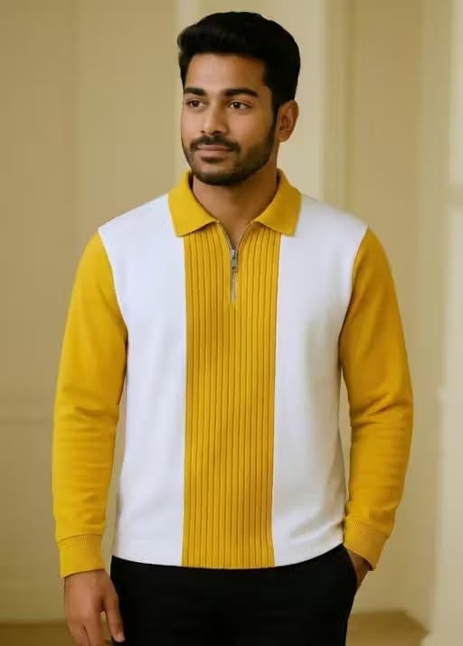 Men’s Modern Color-Block Quarter-Zip Polo Sweater | Long Sleeve Ribbed Knit Pullover | Cotton Blend | Black & White Multi 5 XL-picture-18