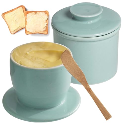 Französische Butterdose, Keramik Butterdose Französisch Butterglocke Porzellan mit Buttermesser, Butter Glocke Französischer Buttertopf mit Deckel für Frische und Streichfähige Butter