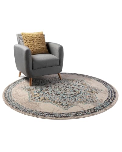 benuta Nest Vintage Teppich Casa - Beige/Türkis 120 cm rund - Teppich für Wohnzimmer, Schlafzimmer und Flur - Pflegeleicht - Fußbodenheizung Geeignet