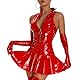 Moinha Damen Wetlook Minikleid Lack Leder Kleid Figurbetont Kleid Ärmellose Plisseekleid mit Vorne Reißverschluss Ausgestellt Faltenrock Slim Fit Catsuit aus Lackleder Sexy Partykleider Rot-L