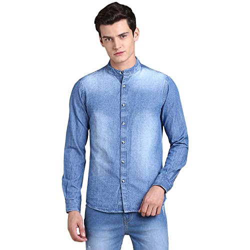 Image of Dennis Lingo Men's Solid Denim Cotton Slim Fit Full Sleeve Mandarin Collar Casual Shirt