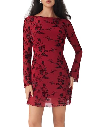 CIDER Womens Floral Mesh Mini Dress Long Sleeve Boat Neck Sheer Party Date Night Dresses Fall Trendy4