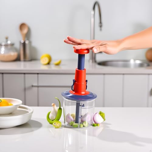 Image of JABON BAGNO 2-in-1 Food Chopper & Blender - 5 Stainless Steel Blades, 1000ml Capacity | Instant Vegetable Fruit Slicer, Manual Push Operation, Easy Clean Kitchen Tool