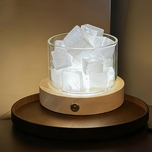 Lamptobe Selenita nocturna con base LED de madera, juego de