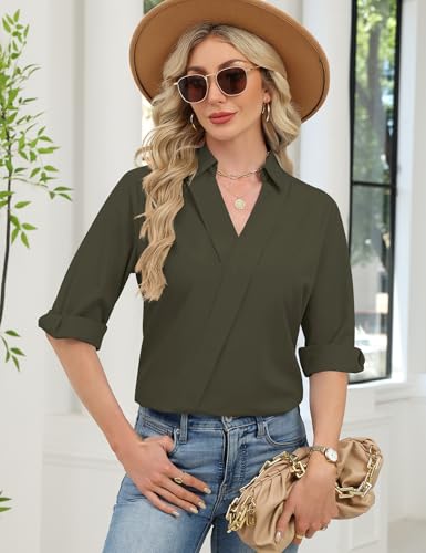 Image of LOMON 3 /4 Length Sleeve Womens Tops Dressy V Neck Collared Shirts Trendy Business Casual Work Blouses Vacation Outfits 2026