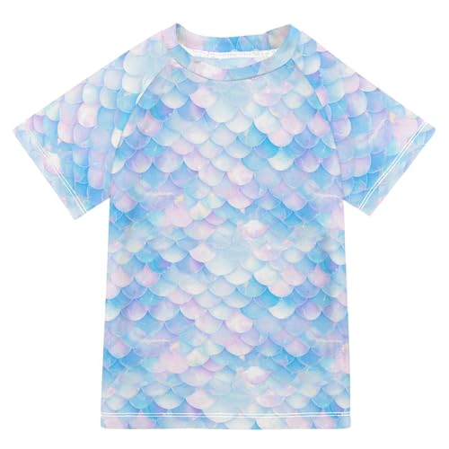 KLL Girls Bathing Suit Short Sleeve Teen Rash Guard Swimsuit 7T White Scales Glittering