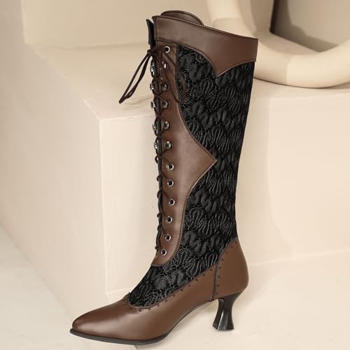 Seborluys Women Victorian Vintage Knee High Boots Kitten Heel Pointed Toe Lace Up Knee Length Boots Pull On Long Boot4